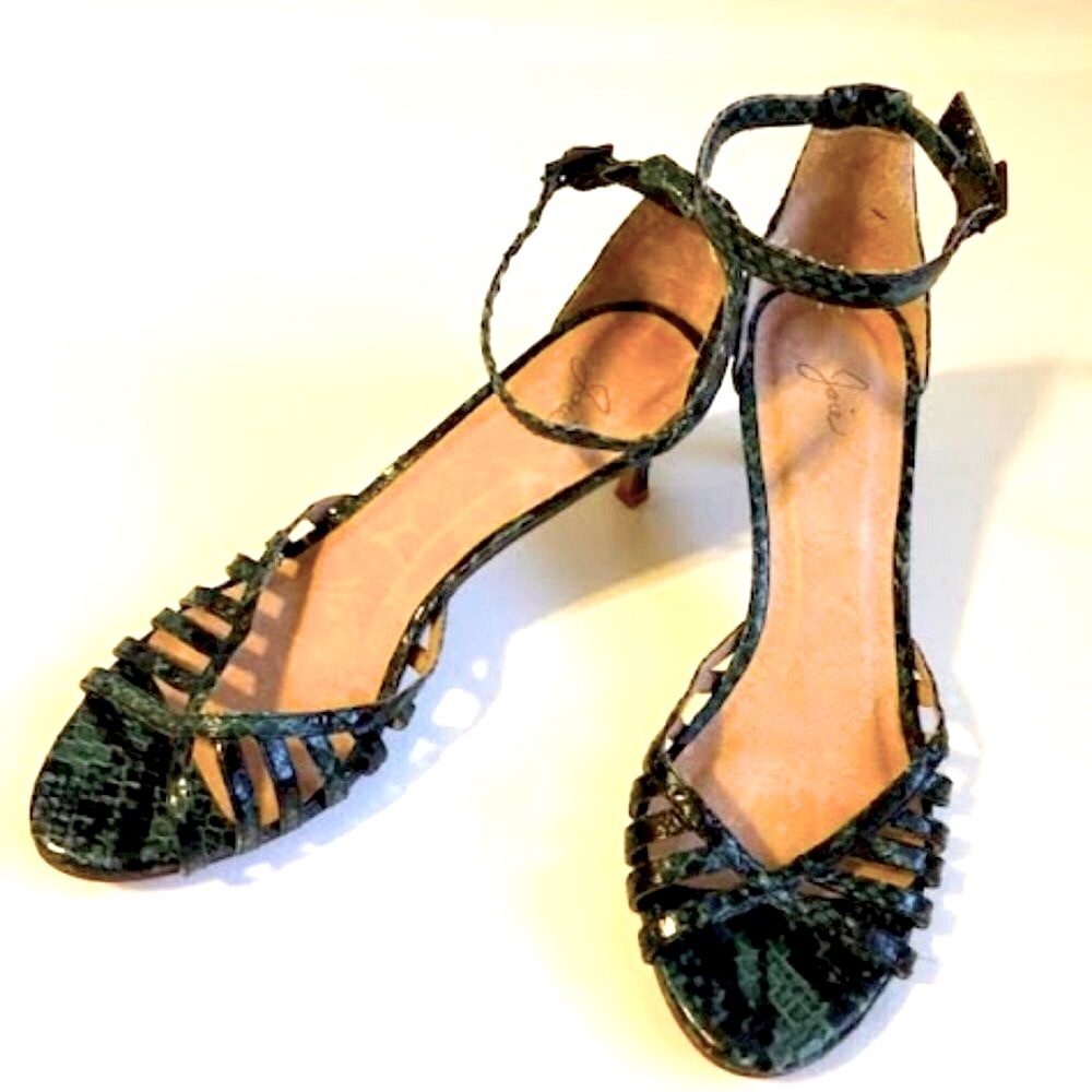 New JOIE Caged Open-toe Sandal Pumps Emerald Snakeskin Leather Kitten Heel 7 - Picture 8 of 11